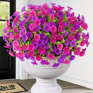 lot 38221 image: Artificial Flowers for Outdoors, 14 Bundles Fake Outdoor Flowers, UV Resistant Artificial Outdoor Plants & Flowers for Decoration, Colorful Morning Glory for Garden Porch Yard Patio, Purple & Fuchsia - Retail $13