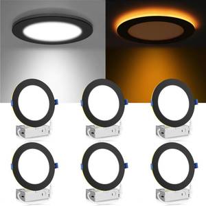 lot 38231 image: 6 Pack 6 Inch 5CCT LED Recessed Ceiling Light with Night Light, 2700K3000K3500K4000K5000K Selectable Ultra-Thin Lighting, 12W110W, 1050LM, Dimmable Canless Wafer Downlight, Black Trim - Retail $45