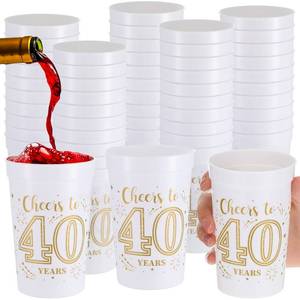 lot 38240 image: 40 Pcs 40th Birthday Cups Bulk 16 oz Cheers to 40 Years Plastic Party Cups Stadium 40th Birthday Decorations Party Favors Anniversary Supplies for Men and Women, Gold and White - Retail $23