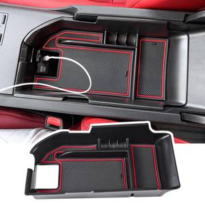 lot 38241 image: Center Console Organizer Tray Compatible with Toyota Camry XLE XSE 2018-2024 and Camry LE SE 2020-2023 2024 Accessories Armrest Secondary Storage Box ABS Insert Tray, Fit Dual USB Ports,Red - Retail $12