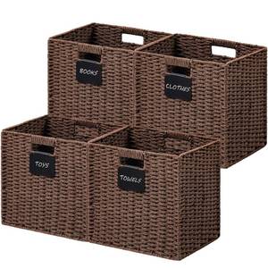 lot 38264 image: UBBCARE 4 Pack Wicker Basket, 12�12 Storage Cubes with Label, Foldable Cube Storage Bin with Handle, Square Storage Basket for Shelves, Woven Paper Rope Basket for Organizing, Brown - Retail $57