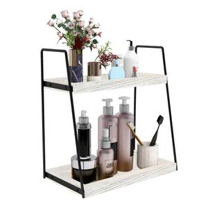 lot 38265 image: 2 Tier Bathroom Counter Organizer Storage, Vanity Organizer for Bathroom Counter, Wood Standing Rack for Kitchen(Rustic White) - Retail $23