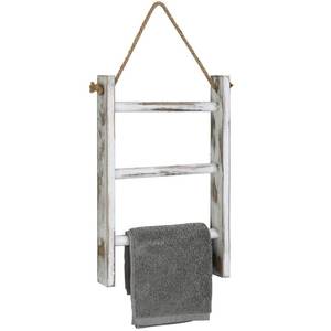 lot 38266 image: Rustic Hand Towel Holder, Whitewashed Solid Wood Farmhouse Bathroom Decor, Small Blanket Ladder for Home Decor, Wall Mounted Towel Rack for Shabby Chic Decor - Retail $25