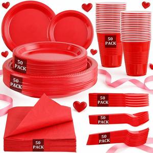 lot 38270 image: 350PCS Red Disposable Plastic Plates,Red Dinnerware Set Includes 50 Dinner Plates, 50 Salad Plates, 50 Sets of Silverware, 50 Napkins and 50Pcs 12OZ Plastic Cups - Retail $37
