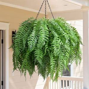 lot 38272 image: Artificial Hanging Plants Outdoor, UV Resistant Fake Fern Faux Greenery for Outside Planter Patio Home Garden Decor (5 Branches&1 Basket) - Retail $28