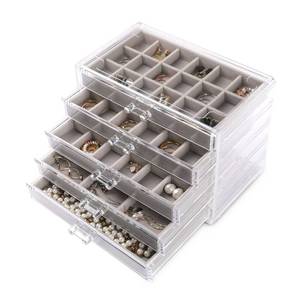 lot 38276 image: Acrylic Jewelry Organizer Earring Organizer Box with THREE Drawers Earring Holder Organizer with Velvet Trays Clear Jewelry Box for Women Earring Display for Rings Studs(Grey) - Retail $27