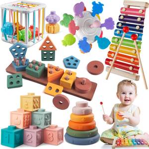 lot 38278 image: 6 in 1 Montessori Baby Toys for 1 Year Old, Toddlers Sensory Teething Toys for Babies, Wooden Stacking Building Blocks Shape Sorter, Xylophone Musical Toy, Educational Birthday Gift for Kids 1 2 3 - Retail $37