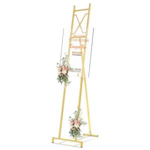 lot 38280 image: 1 Pack Gold Easel Stand for Sign, 53 H Metal Display Easel Heavy Duty Large Poster Stand for Wedding Welcome Sign Art Painting Home Poster Photo Mirror, with Chain Support Structure - Retail $48