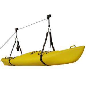 lot 38287 image: Kayak Storage Hoist - Overhead Pulley System with 125lb Capacity for Canoes, Bikes, Ladders, and More - for up to 12-Foot Ceilings by Rad Sportz - Retail $20