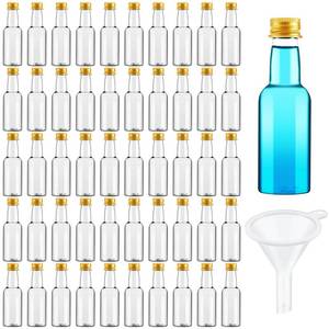 lot 38298 image: 100 Pcs Mini Liquor Bottles with Gold Lids, Small Empty Shot Bottle, Airtight Plastic Spirit Alcohol, Salad Dressing Wine Hot Sauce Party Supplies(0.8 Oz) - Retail $41