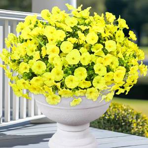 lot 38301 image: Artificial Flowers for Outdoors, 14 Bundles Fake Outdoor Flowers, UV Resistant Artificial Plants & Flowers for Decoration, Yellow Realistic Morning Glory for Outdoor Porch Garden Decoration - Retail $15