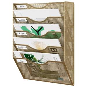 lot 38306 image: Wall File Organizer 5 Tier Hanging Paper Folder Holder, Zero Assembly Metal Mesh Wall Mounted Mail Organizer for Office Home Classroom Narrow Spaces, Gold - Retail $19