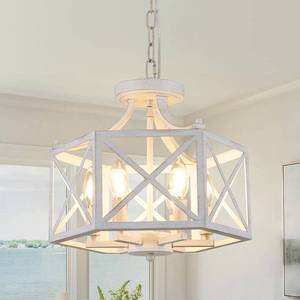 lot 38316 image: 6-Light Antique White Pendant Light, Modern Farmhouse Chandeliers for Dining Room, Adjustable Hexagonal Metal Hanging Light, Vintage Geometric Pendant Lighting for Kitchen Island Entryway Foyer - Retail $90