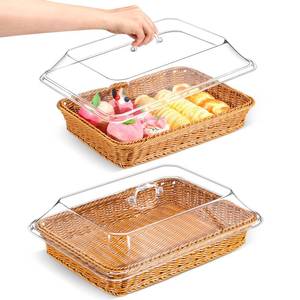 lot 38319 image: 2 Pack Wicker Large Bread Basket with Acrylic Lid Housewarming Gift Woven Rectangular Imitation Rattan Fruit Basket with Cover for Serving Food Display Tabletop Home Kitchen(15.75x11.81) - Retail $47