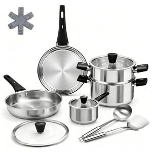 lot 38322 image: Stainless Steel Cookware Set, 14-Piece Pots and Pans Set, Kitchen Cookware Set with Stay-Cool Handle, Non-Toxic, Dishwasher Safe & Compatible with All Stovetops, VISABLE USE. - Retail $50