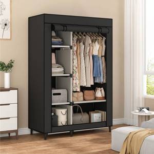 lot 38323 image: Portable Closet Organizers, Clothing Storage, Wardrobe with 6 Shelves and Hanging Rod, Non-Woven Fabric Cover with 4 Side Pockets, Black - Retail $33