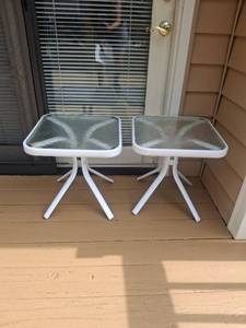 lot 1014 image: Set of 2 Outdoor Side Tables with Glass Tops, White Frame