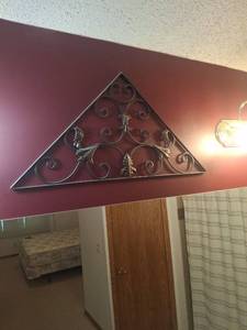 lot 1028 image: (3) Wall Decor - Triangle Scrollwork, Medallion Framed Square and Floral