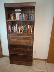 lot 1037 image: Wood Bookcase with Drop-Down Door and Storage Shelves - Contents Not Included