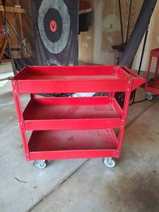 lot 1079 image: Red 3-Shelf Utility Cart with Casters