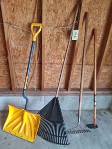 lot 1080 image: Lawn & Garden Tools Lot - Snow Shovel, Rakes and Hoe