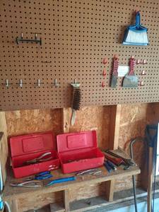 lot 1104 image: Hand Tools Lot Wrenches, Pliers, Pipe Wrenches, Brushes in Red Storage Boxes