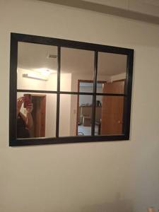 lot 1127 image: 6-Pane Grid Black Frame Wall Mirror and Bird Picture