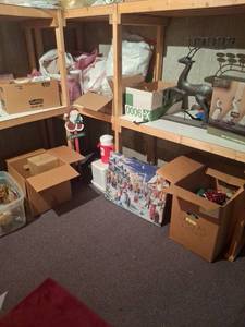 lot 1138 image: Holiday Decor Lot - Centerpieces Figurines Candles Ornaments - In Basement