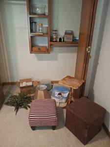 lot 1149 image: Mixed Household Lot Ottoman, Side Table, Lamp Shade, Foot Spa, Blood Pressure Monitor, Wood Box, Assorted Items
