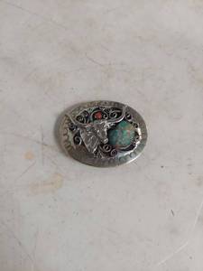 lot 2054 image: Belt Buckle with Bull, Turquoise and Coral Stone