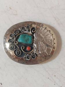 lot 1249 image: Oval Belt Buckle with Indian Head, Turquoise and Coral Inlay