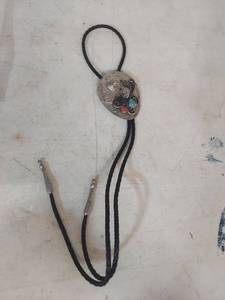 lot 1256 image: Bear Bolo Tie with Turquoise and Coral Inlay