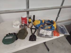 lot 1305 image: Outdoor Camping Gear Lot - Canteens, Shovel, Cooler, Rope, Heat Sheet