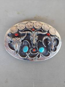 lot 2032 image: Western Belt Buckle with Buffalo Nickels, Turquoise and Coral Stone Inlay