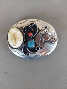 lot 2037 image: Belt Buckle with Scorpion Cameo, Horse Head, Turquoise and Coral Stone Inlays