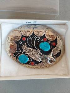 lot 2041 image: Belt Buckle with Eagle Design, Buffalo Nickels and Turquoise