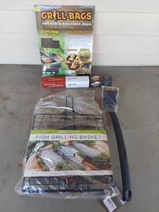 lot 2042 image: Grill Bags, BBQ Brush with Fish Grilling Basket and Grill Mats