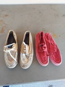 lot 2079 image: Sperry Top-Sider Sequin Boat Shoes, GoldTan & Red Casual Shoes Lot