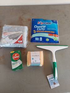 lot 2163 image: Cleaning Supplies Lot - Microfiber Towels, Ezy Wipe Cloths, Sponges, Squeegee, Eraser Pad