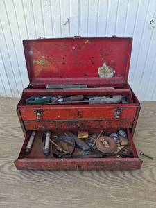lot 1009 image: Red Metal Tool Box with Hand Tools and Accessories