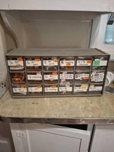 lot 1087 image: 18-Drawer Plastic Parts Organizer Cabinet with Copper Plumbing Fittings
