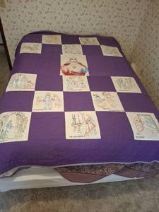 Religious Themed Quilt with Hand-Drawn Fabric Squares, Purple Patchwork - 80" x 92"