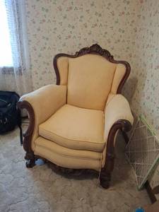 lot 1285 image: Upholstered Wingback Armchair with Carved Wood Frame