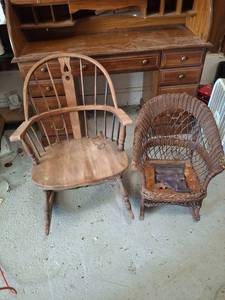 lot 1313 image: Wooden Windsor Rocker and Child Wicker Rocker