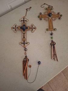 lot 1325 image: (2) Decorative Wire Cross Wind Chimes