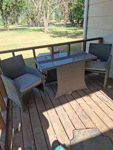 lot 1361 image: 3-Piece Patio Dining Set with Glass-Top Table and Wicker Chairs