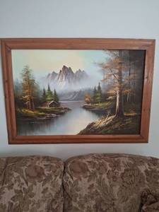 lot 1371 image: Framed Landscape Mountain Lake Forest Scene