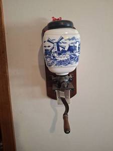 lot 1379 image: Wall-Mount Coffee Grinder - Blue and White Ceramic Jar