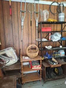 lot 1424 image: Catch All Lot in Corner of Garage - Shelves and Contents