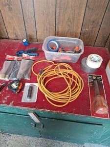lot 1436 image: Hand Tools Lot Flashlight, Tape, Brushes, Extension Cord, Tape Measure